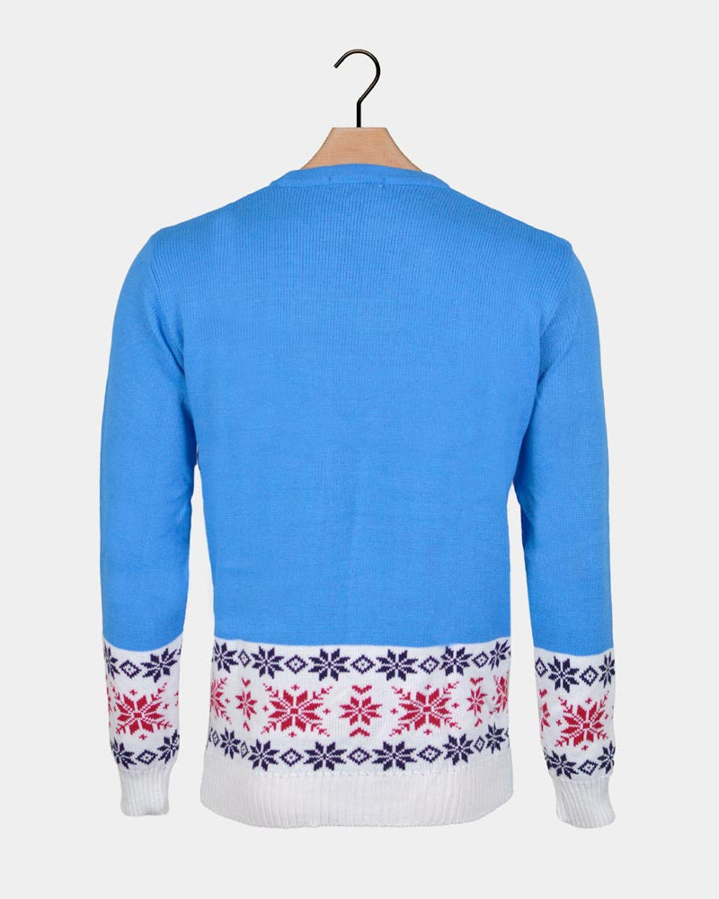 Light Blue Christmas Jumper with Reindeer and Snow Back