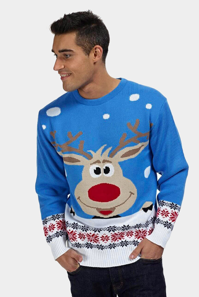 Light Blue Christmas Jumper with Reindeer and Snow Mens