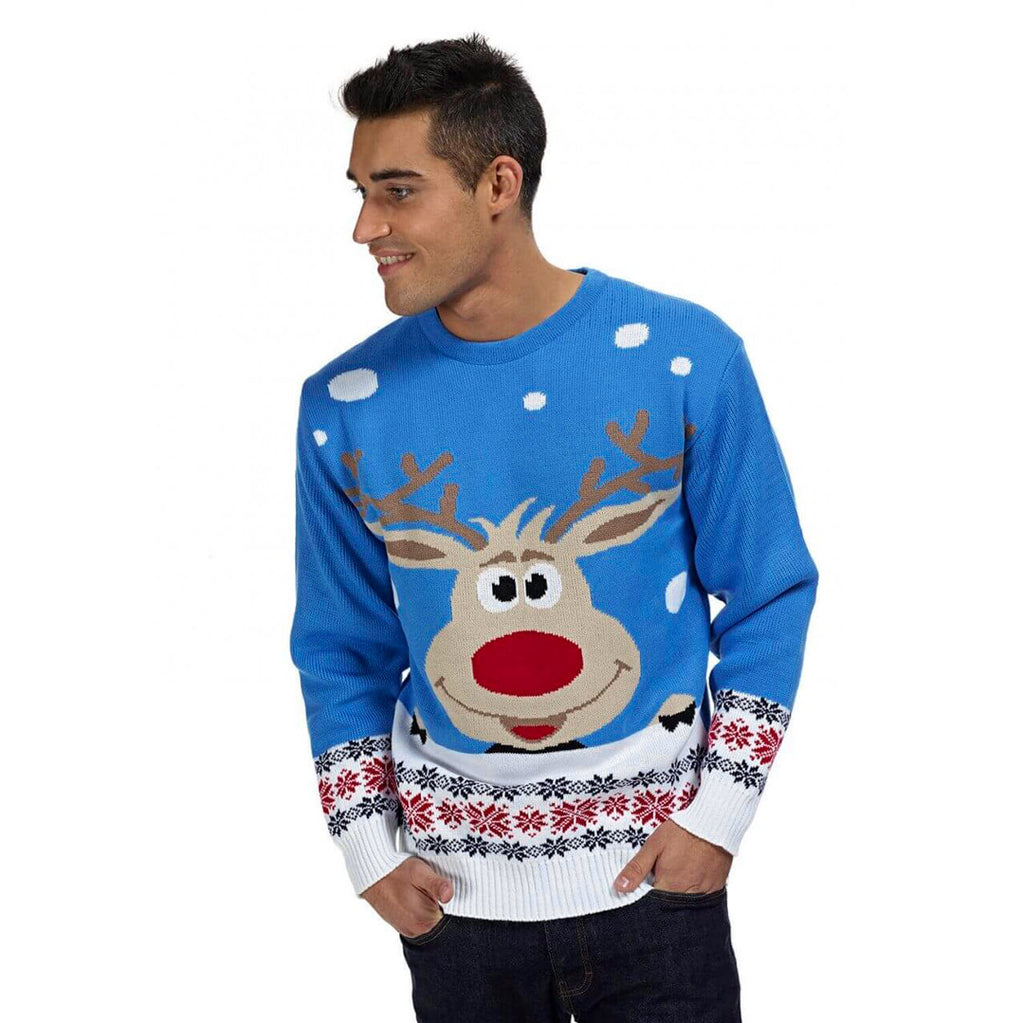 Light Blue Christmas Jumper with Reindeer and Snow Mens