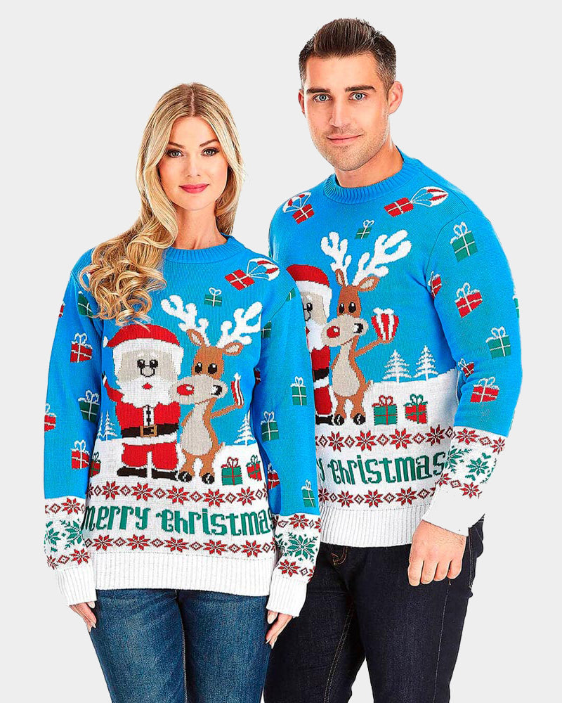 Light Blue Christmas Jumper with Santa and Rudolph Couple