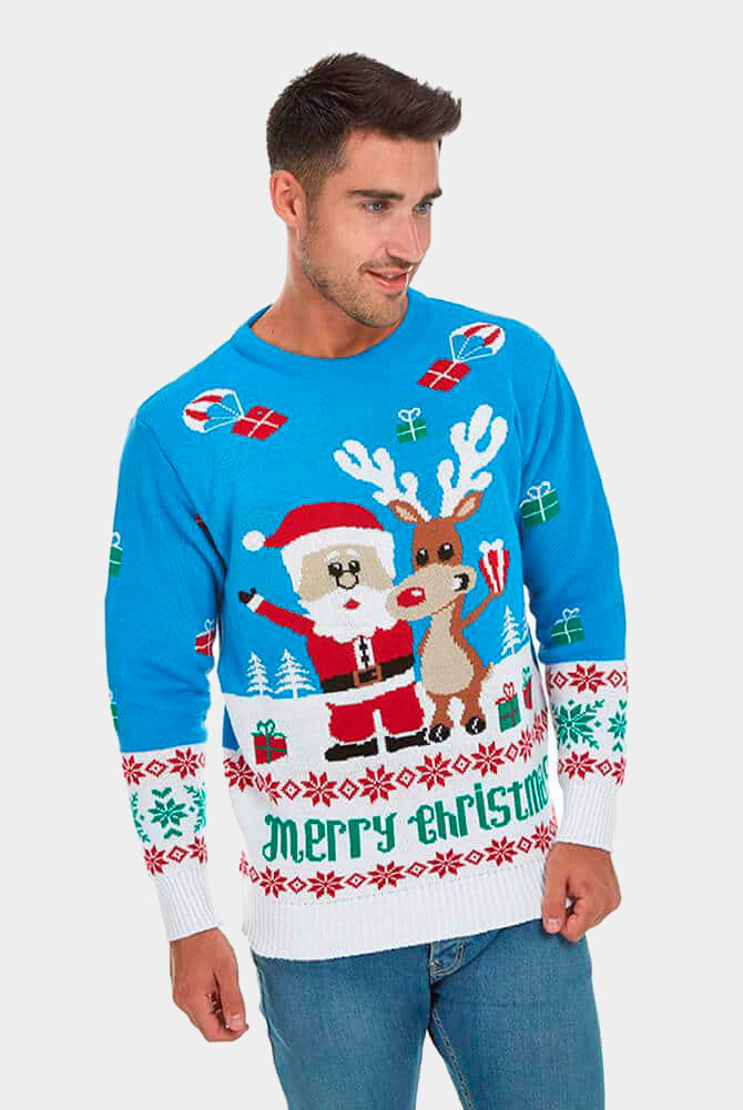 Light Blue Christmas Jumper with Santa and Rudolph Mens