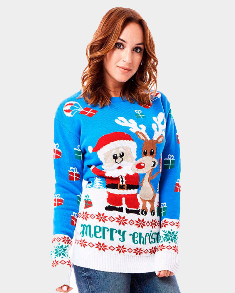 Light Blue Christmas Jumper with Santa and Rudolph Womens