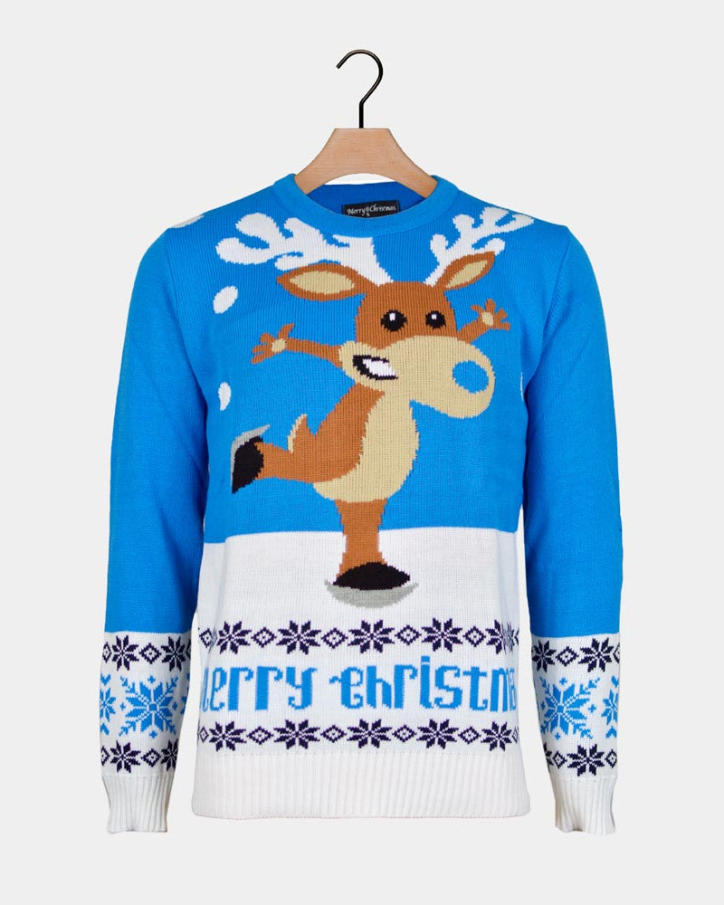 Light Blue Christmas Jumper with skating Reindeer