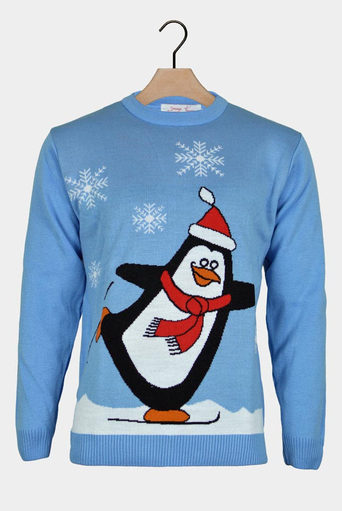 Light Blue Family Christmas Jumper with Penguin
