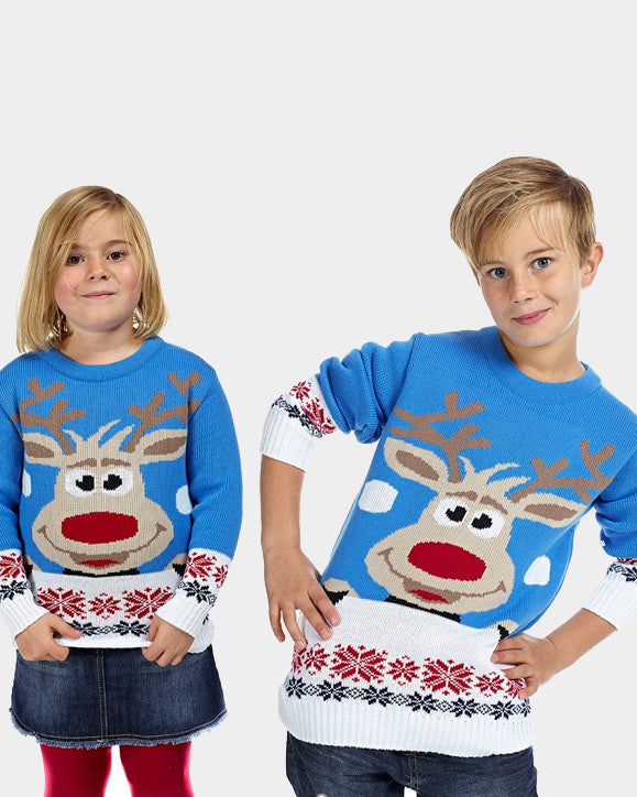 Light Blue Family Christmas Jumper with Reindeer and Snow