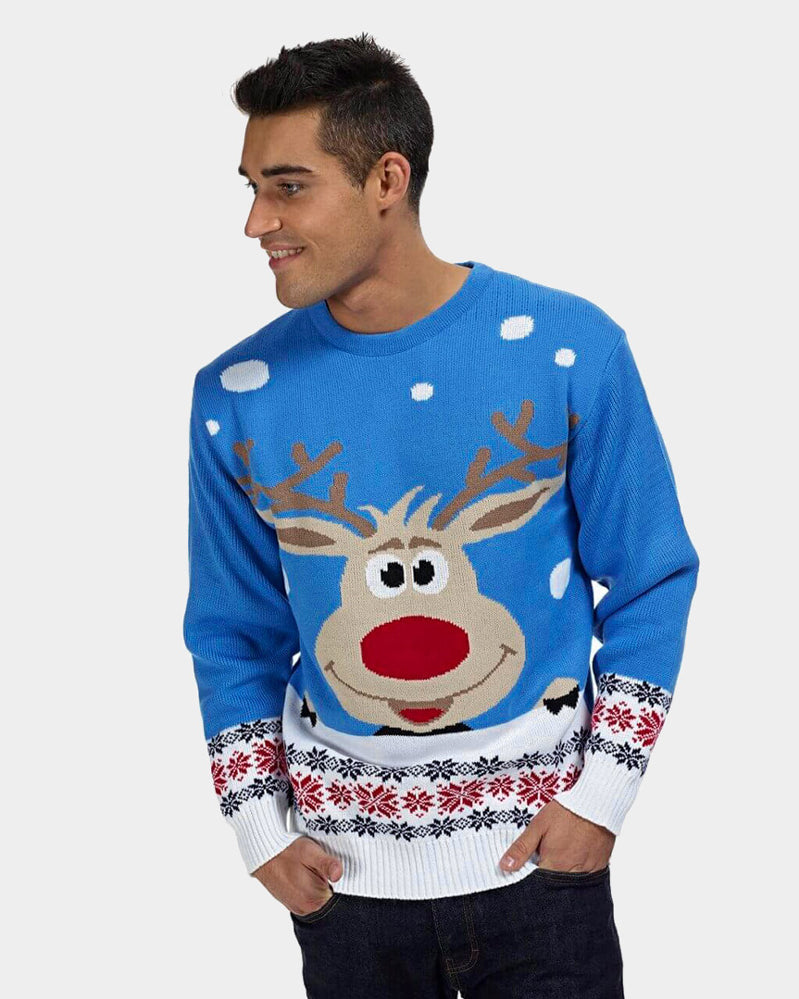 Light Blue Family Christmas Jumper with Reindeer and Snow Mens