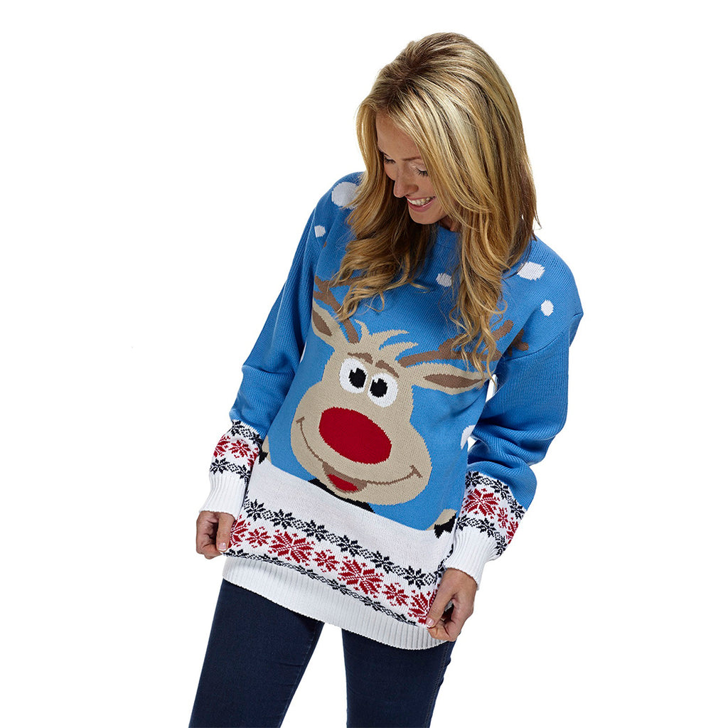 Womens Light Blue Family Christmas Jumper with Reindeer and Snow