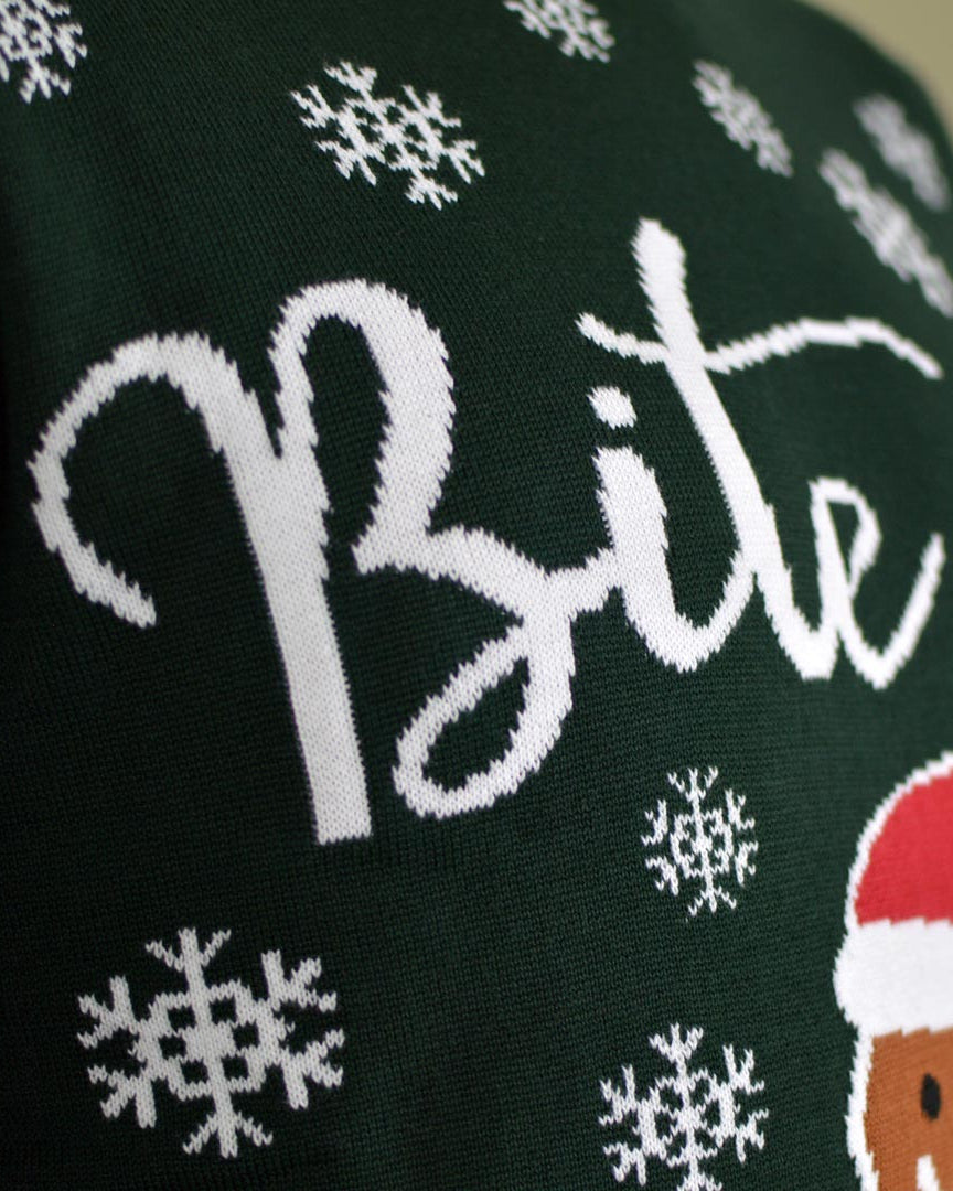 Organic Cotton Family Christmas Jumper Bite Me detail snow