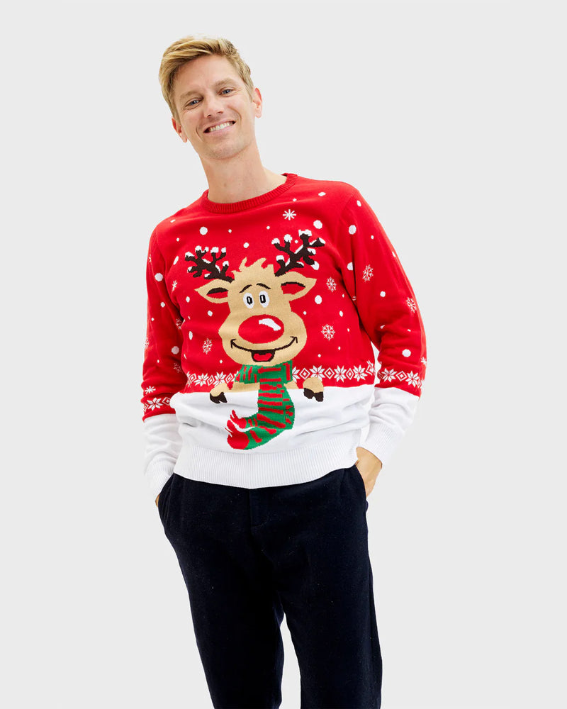 Organic Cotton Christmas Jumper Reindeer with Scarf Mens