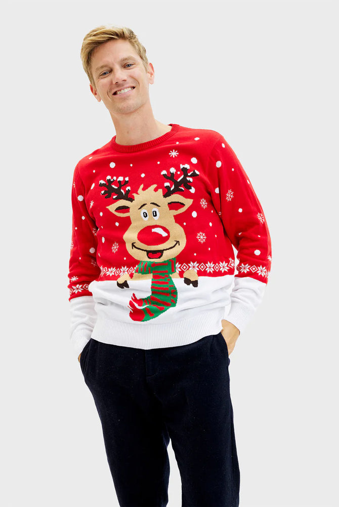 Organic Cotton Christmas Jumper Reindeer with Scarf Mens