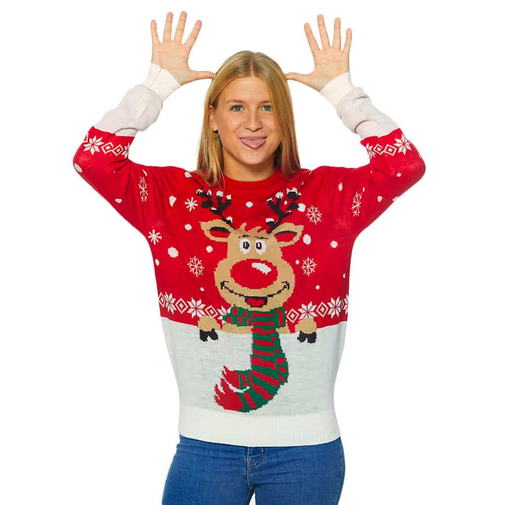 Organic Cotton Christmas Jumper Reindeer with Scarf Womens