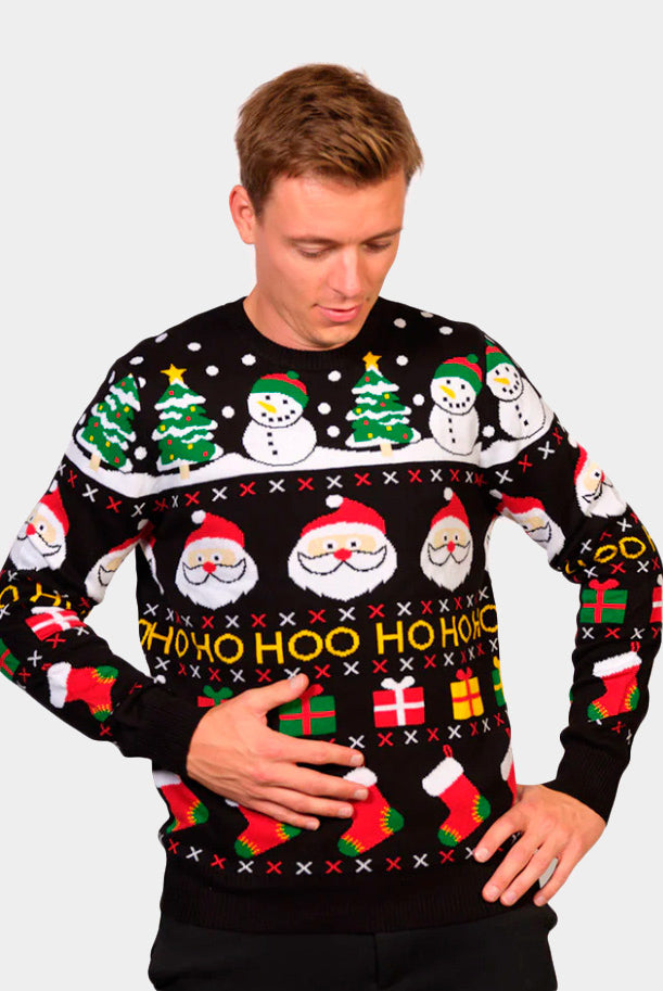 Organic Cotton Christmas Jumper with Santa, Gifts and Snowmens Mens