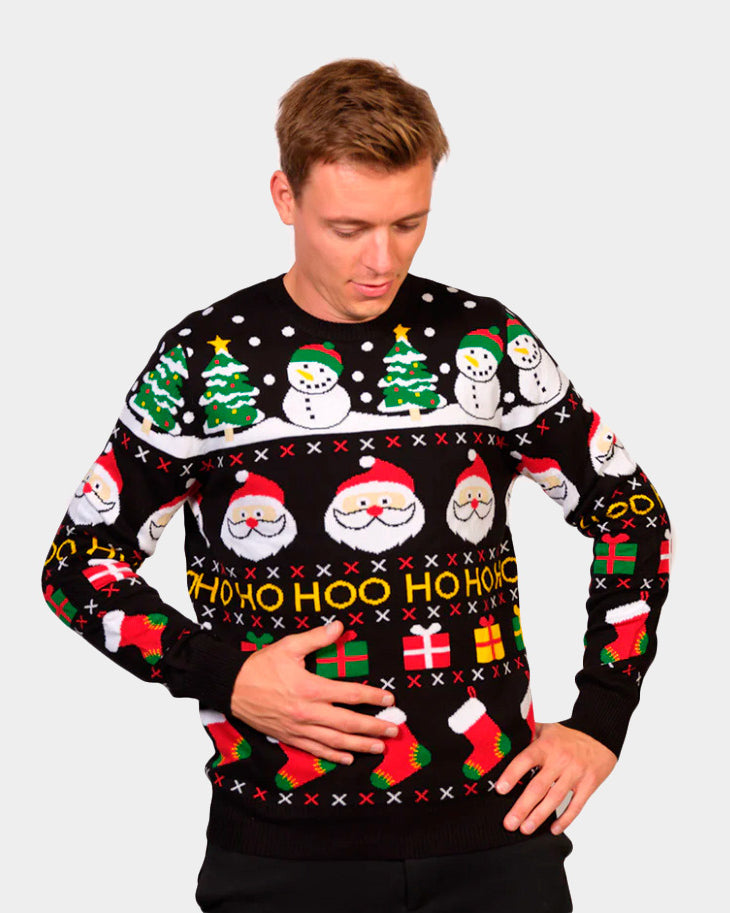 Organic Cotton Christmas Jumper with Santa, Gifts and Snowmens Mens