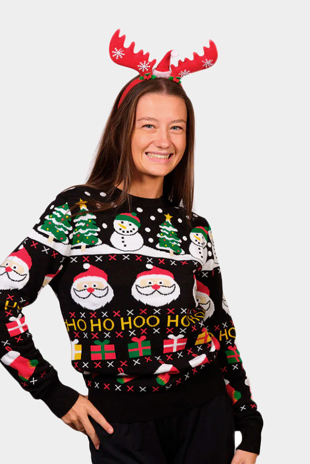 Organic Cotton Christmas Jumper with Santa, Gifts and Snowmens Womens