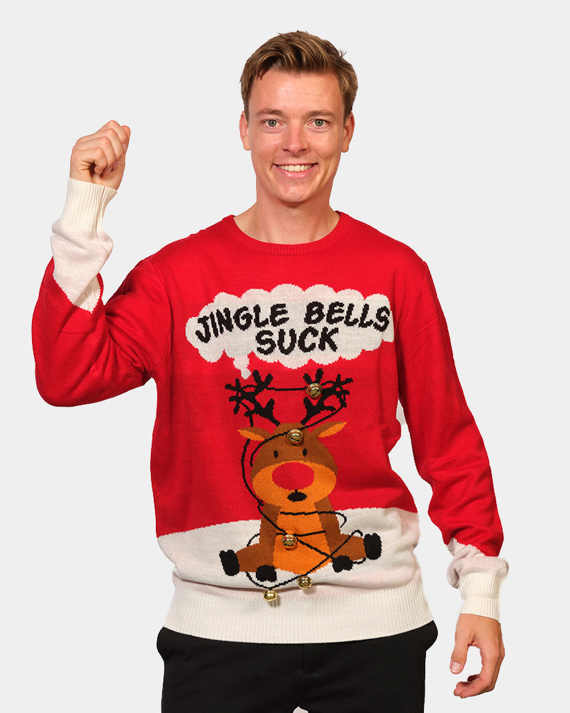 Mens Red 3D Jingle Bells Suck Christmas Jumper