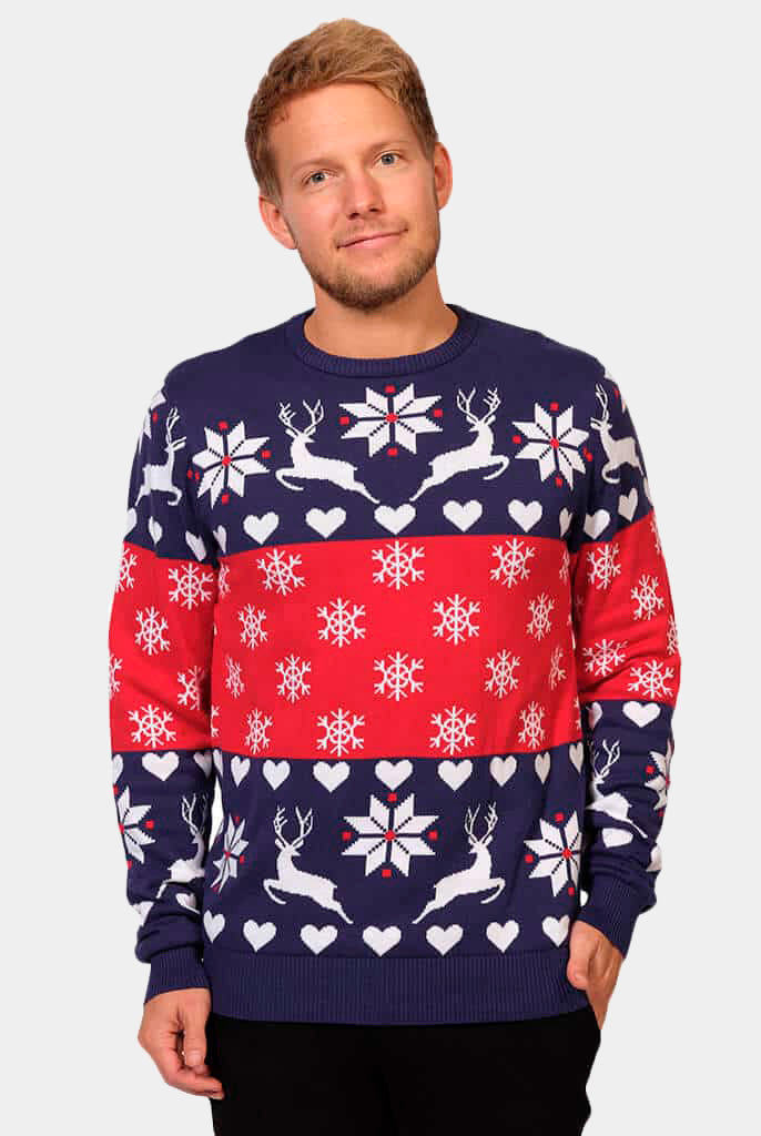 Mens Red and Blue Christmas Jumper with Reindeers and Hearts