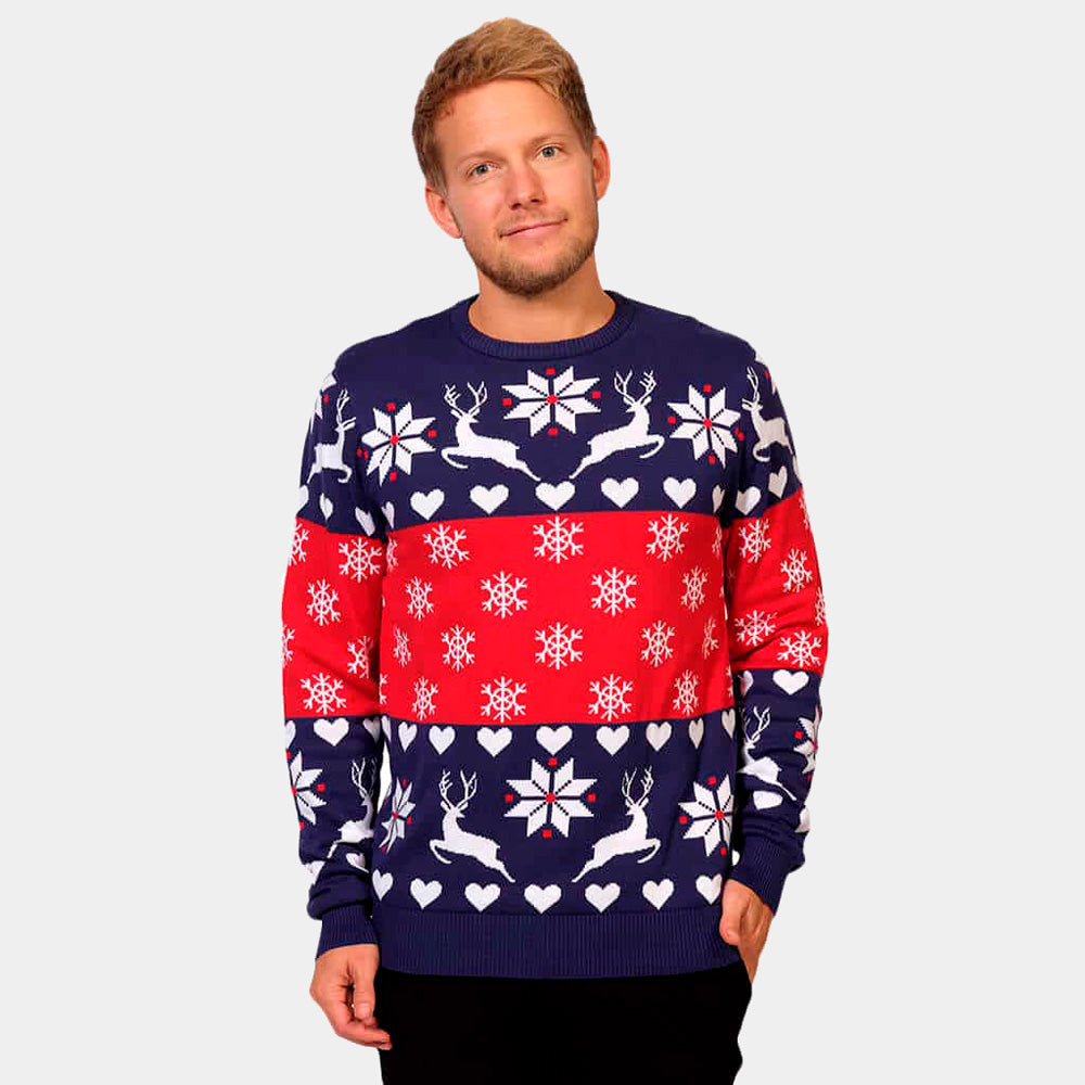 Mens Red and Blue Christmas Jumper with Reindeers and Hearts