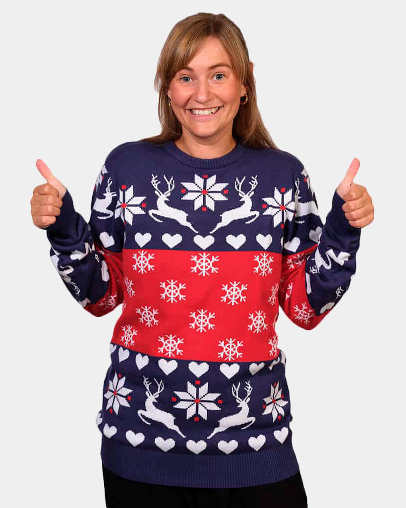 Womens Red and Blue Christmas Jumper with Reindeers and Hearts
