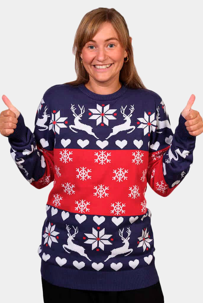 Womens Red and Blue Christmas Jumper with Reindeers and Hearts