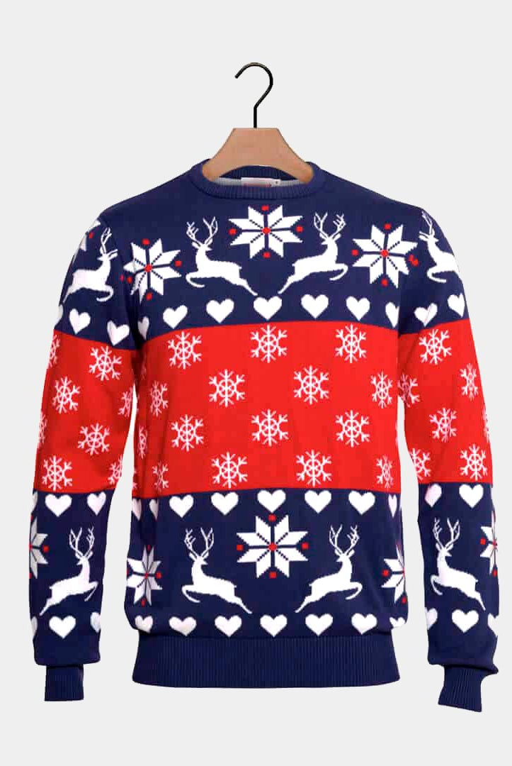 Red and Blue Christmas Jumper with Reindeers and Hearts