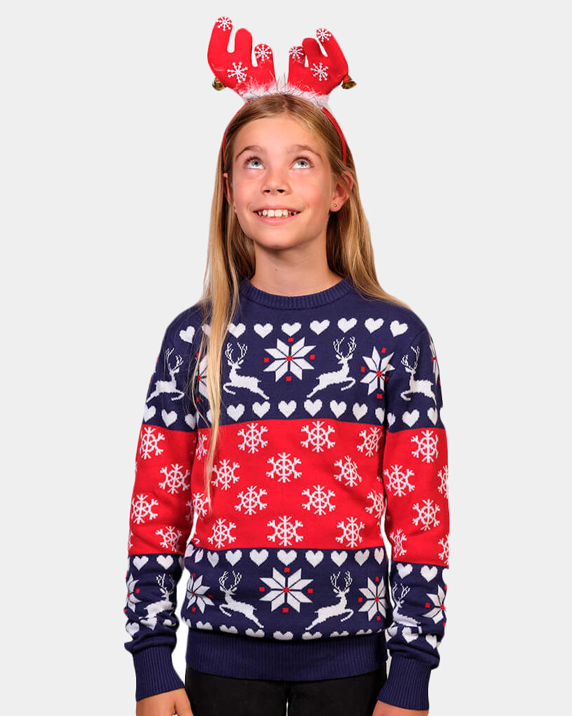 Girls Red and Blue Family Christmas Jumper with Reindeers and Hearts