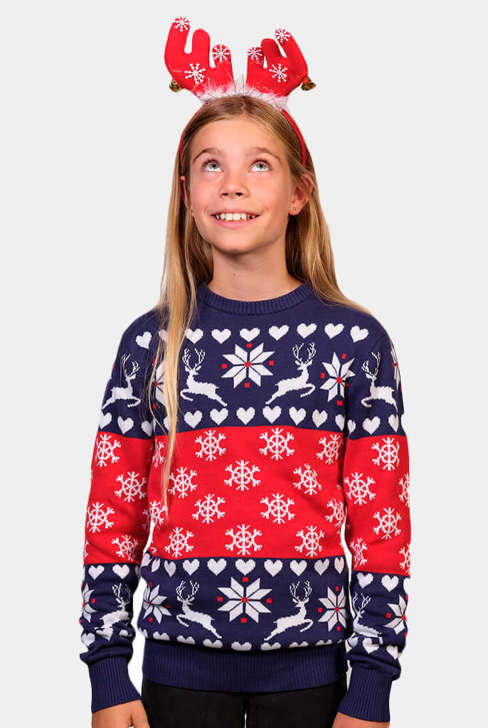 Girls Red and Blue Family Christmas Jumper with Reindeers and Hearts