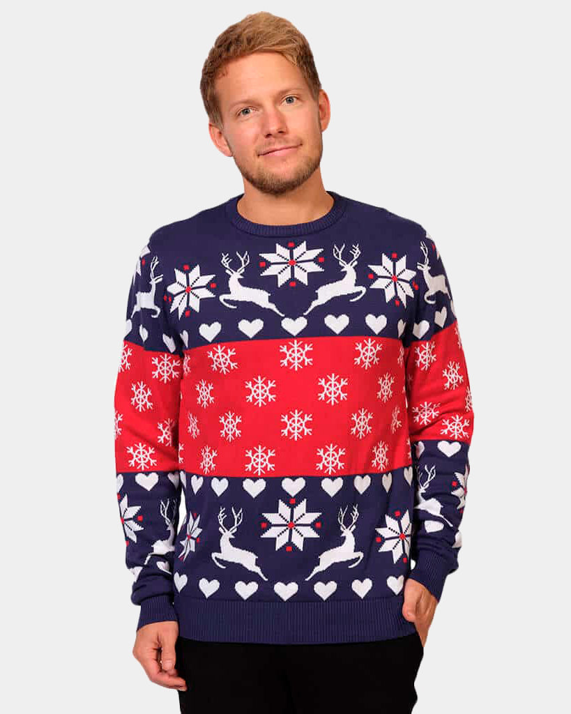 Mens Red and Blue Family Christmas Jumper with Reindeers and Hearts