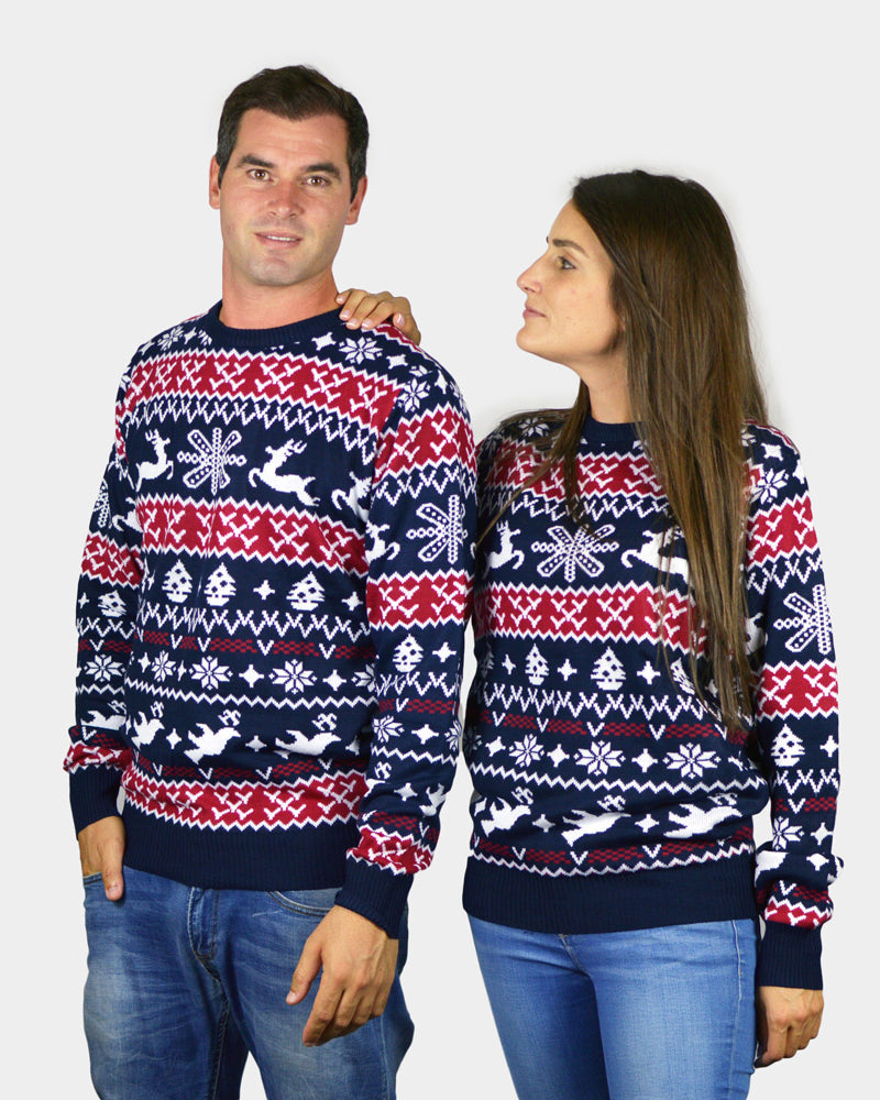 Red and Blue Strips Family Christmas Jumper couple