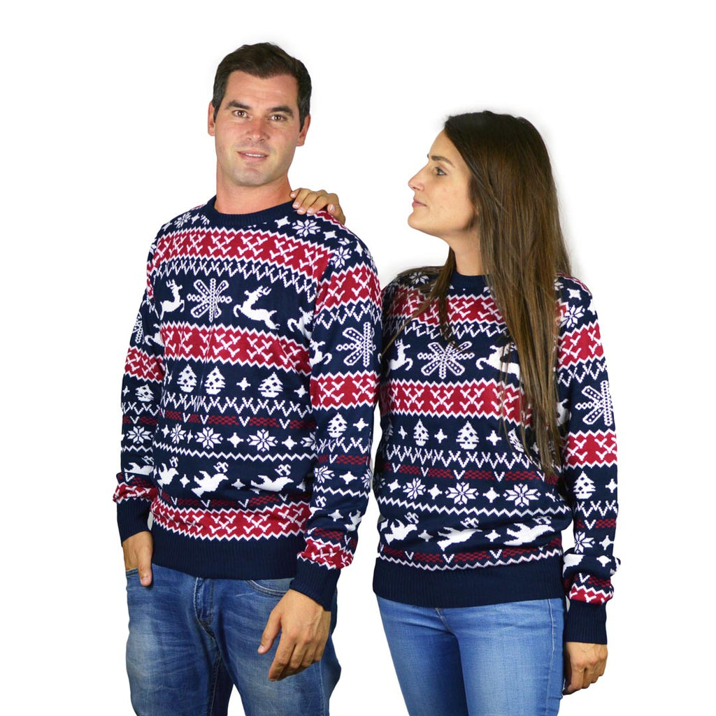 Red and Blue Strips Family Christmas Jumper couple