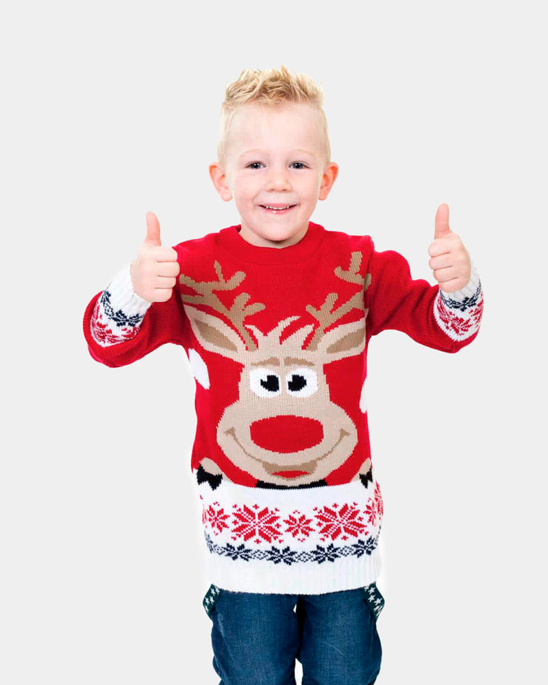 Red Boys Christmas Jumper with Reindeer and Snow