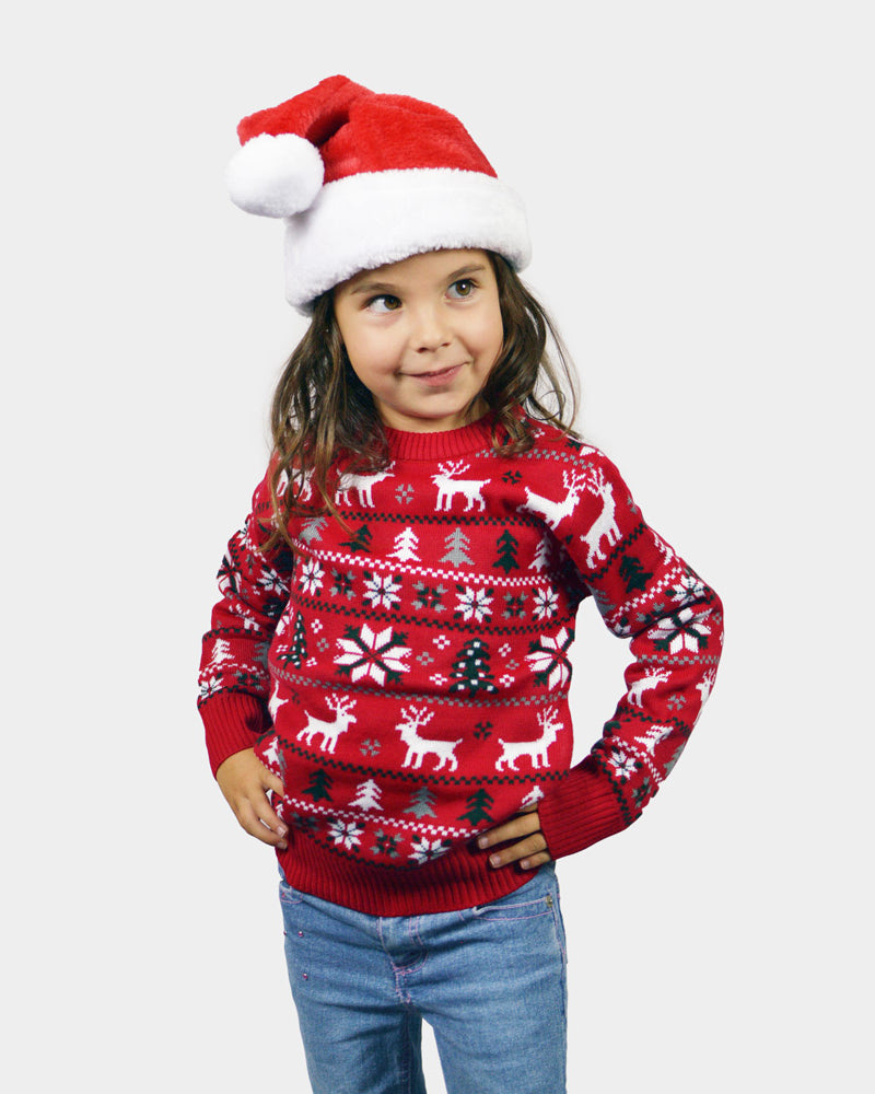 Red Boys and Girls Christmas Jumper with Reindeers, Trees and Polar Star Kids