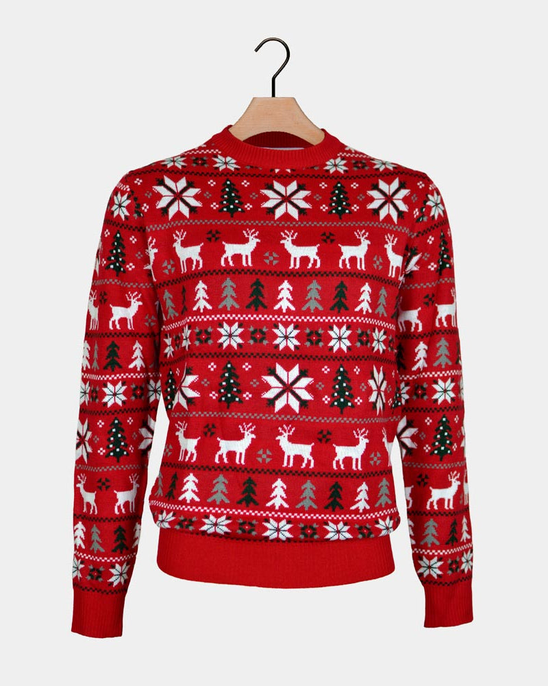 Red Boys and Girls Christmas Jumper with Reindeers, Trees and Polar Star