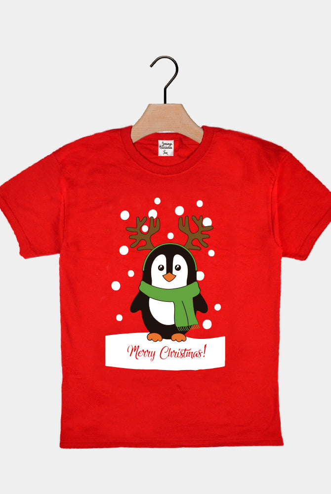 Red Boys and Girls Christmas T-Shirt with Penguin