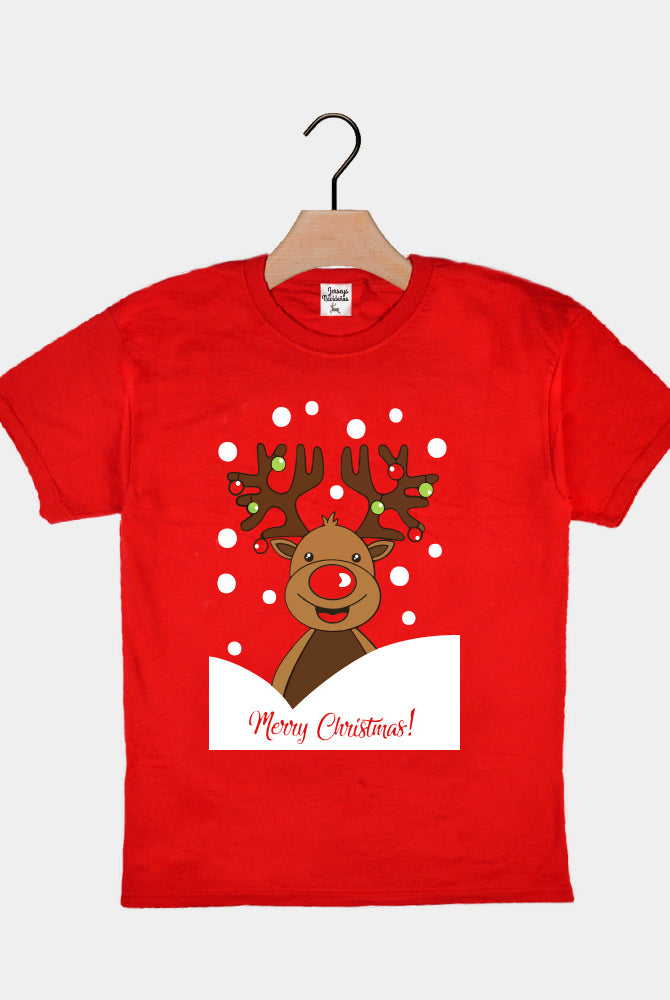 Red Boys and Girls Christmas T-Shirt with Rudolph Reindeer