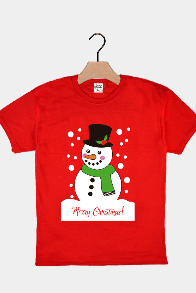Red Boys and Girls Christmas T-Shirt with Snowman