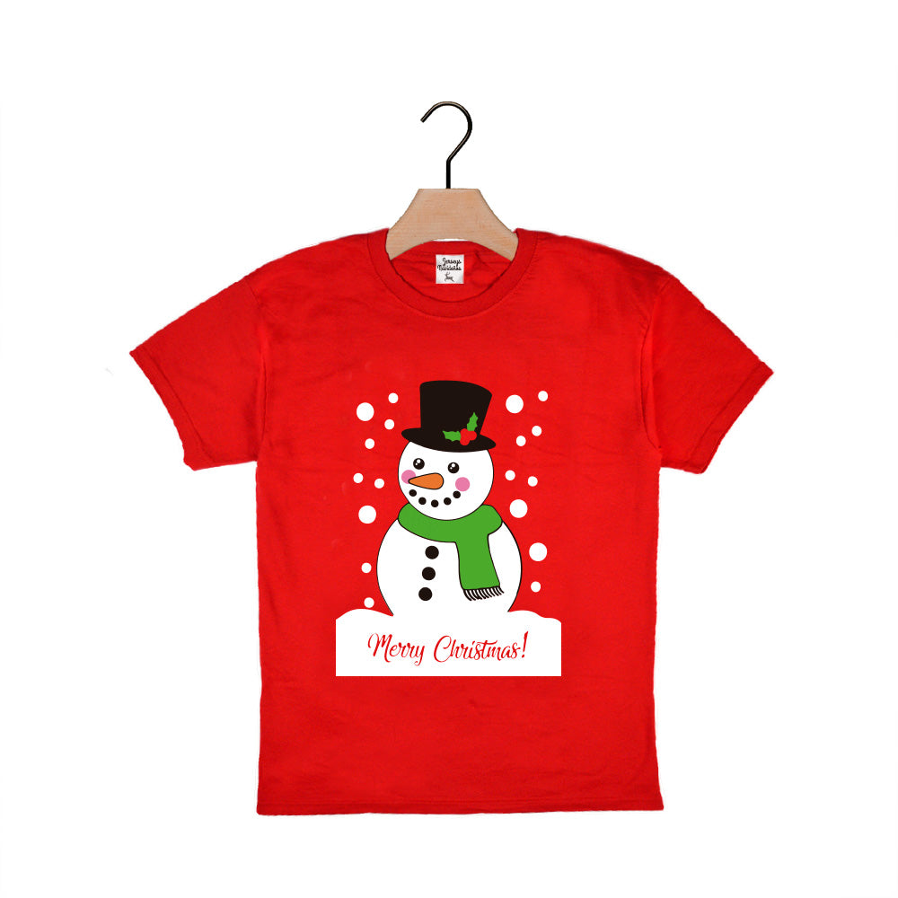 Red Boys and Girls Christmas T-Shirt with Snowman