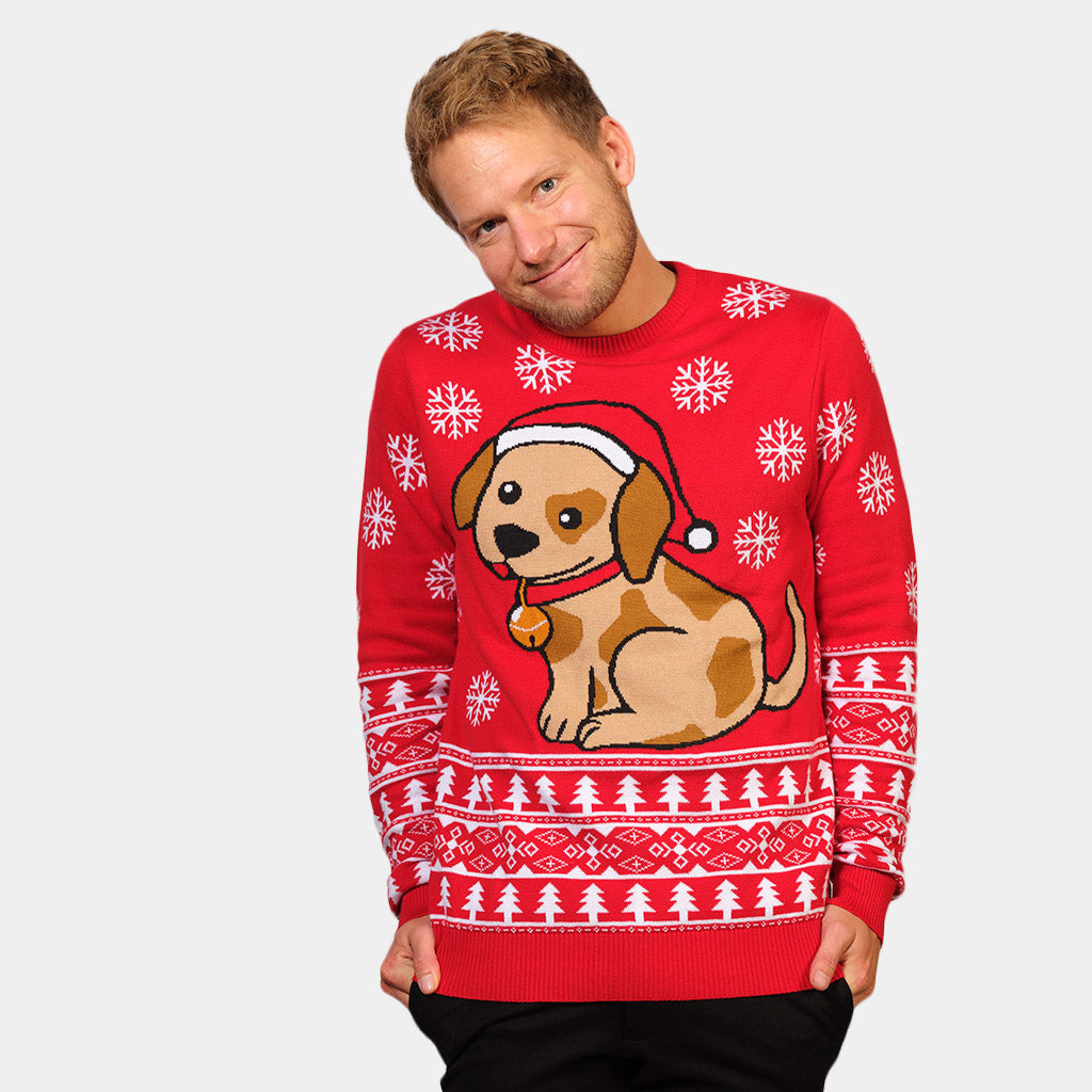Mens Red Christmas Jumper with Puppy