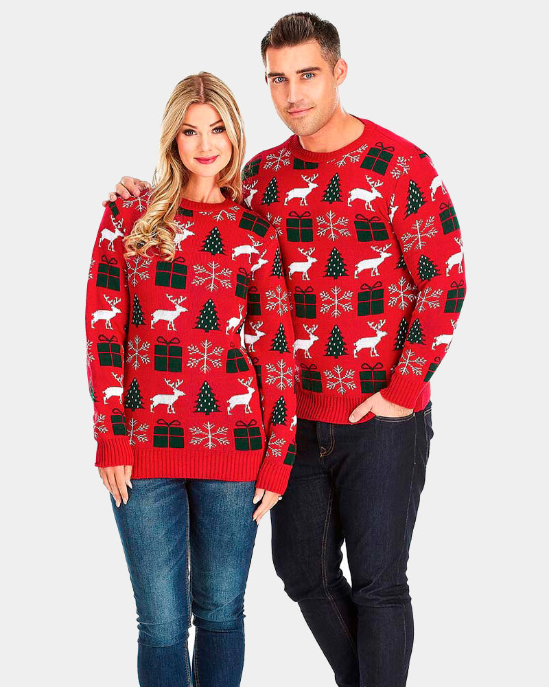 Red Christmas Jumper with Reindeers, Gifts and Trees Couple