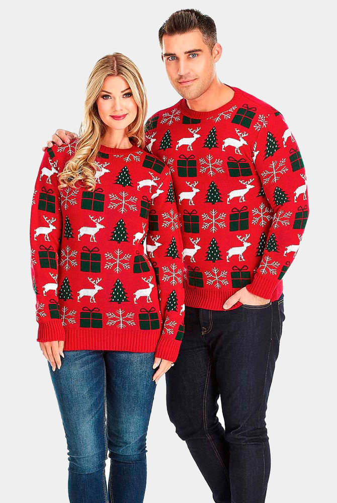 Red Christmas Jumper with Reindeers, Gifts and Trees Couple
