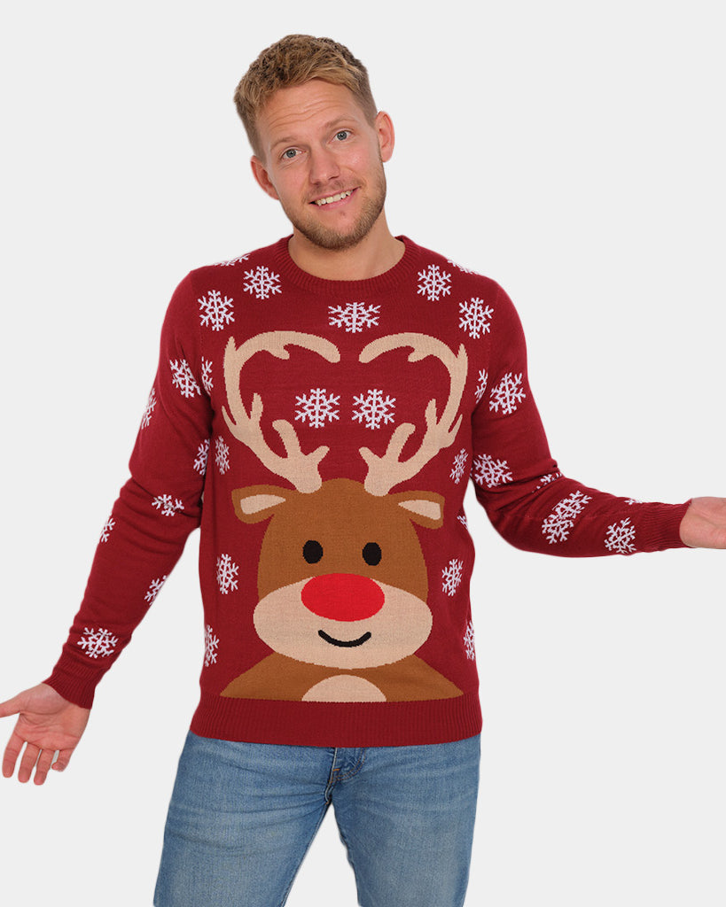 Mens Red Christmas Jumper with Rudolph the Reindeer