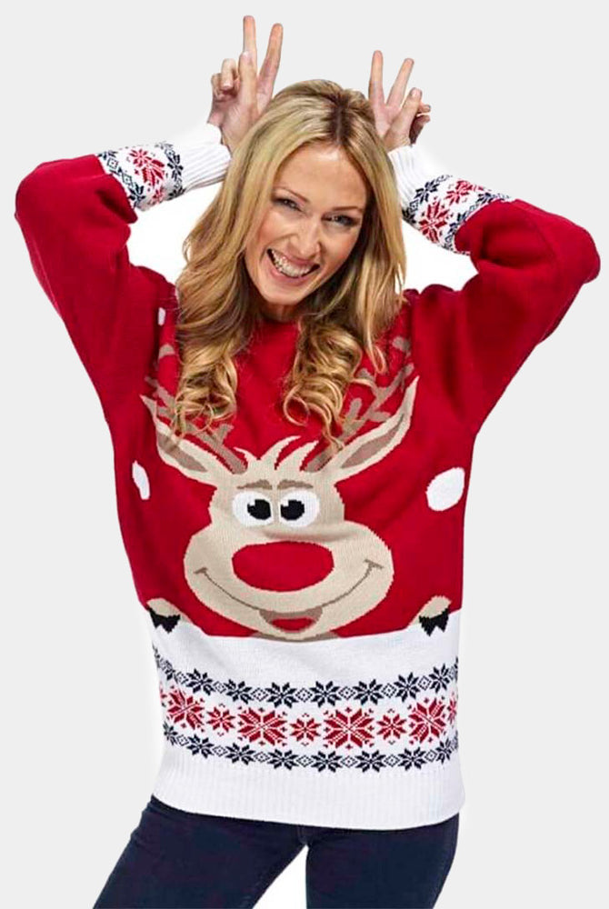 Womens Red Christmas Jumper with Reindeer and Snow