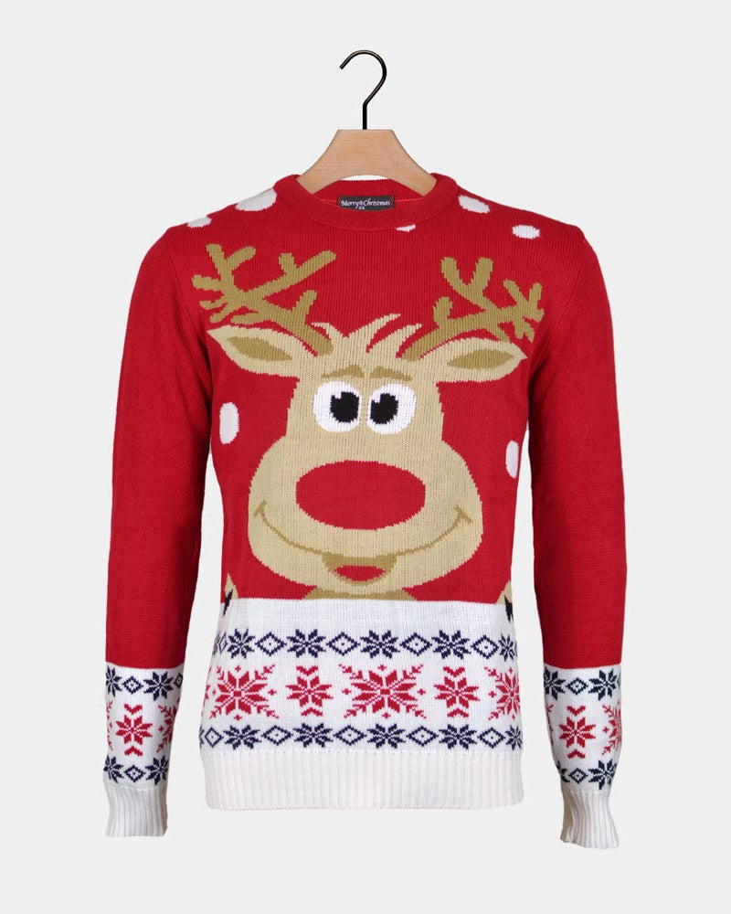 Red Christmas Jumper with Reindeer and Snow