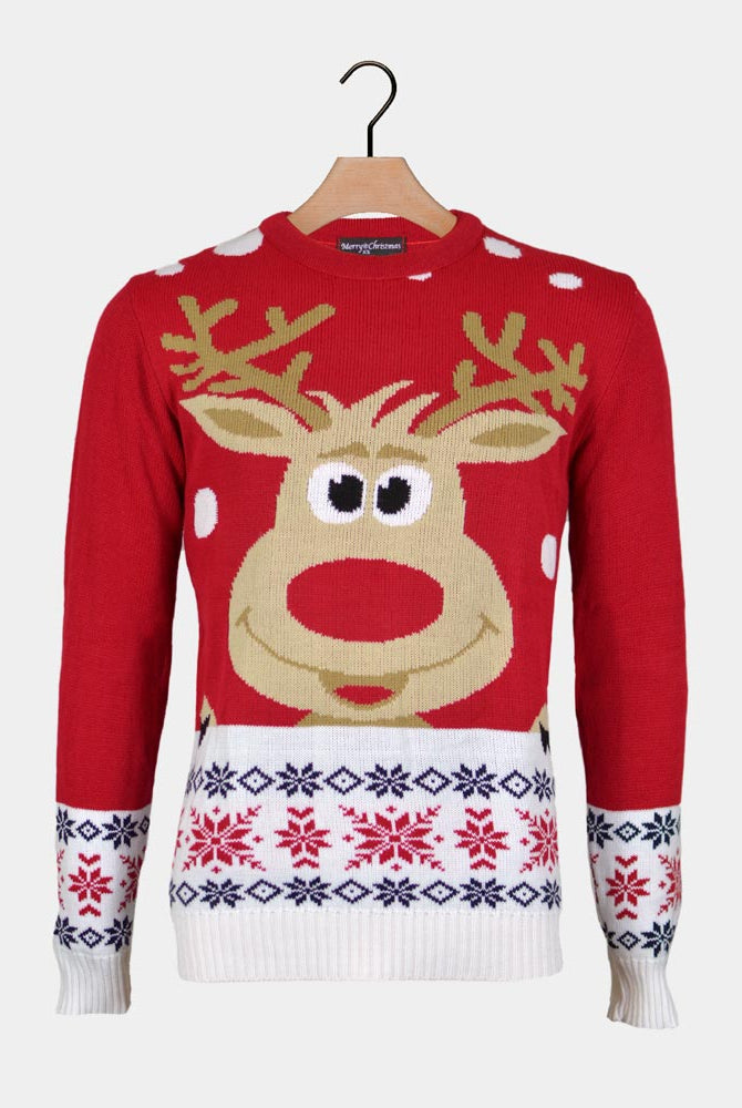 Red Christmas Jumper with Reindeer and Snow