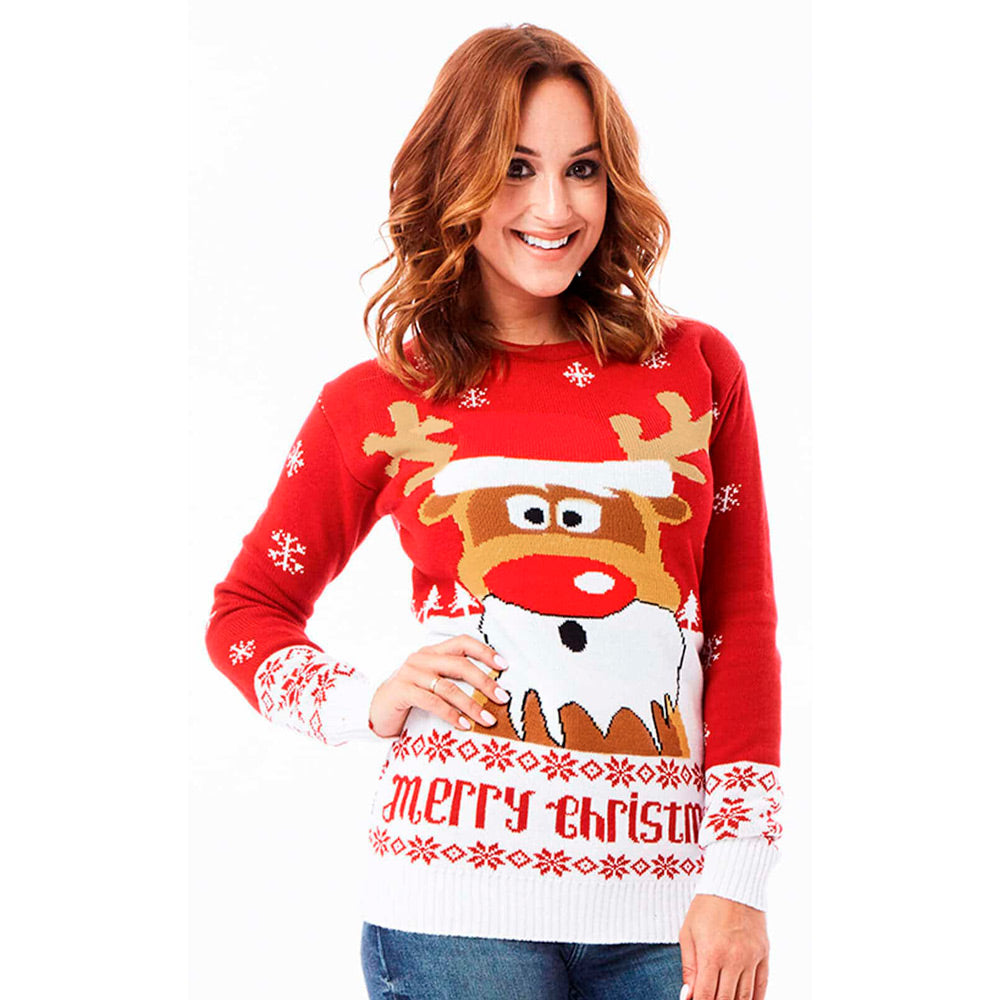 Red Christmas Jumper with Reindeer Womens