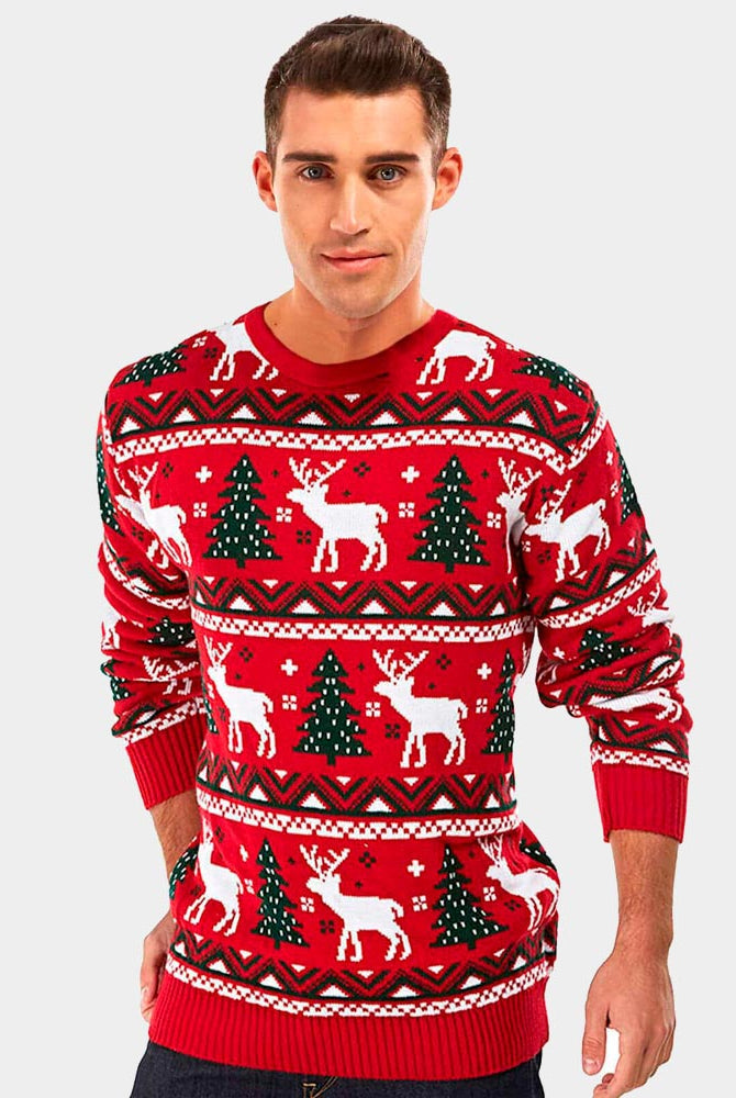 Mens Red Christmas Jumper with Reindeers and Christmas Trees 2021