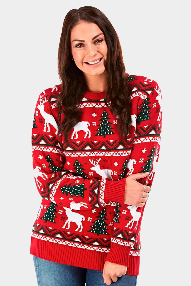Womens Red Christmas Jumper with Reindeers and Christmas Trees 2021