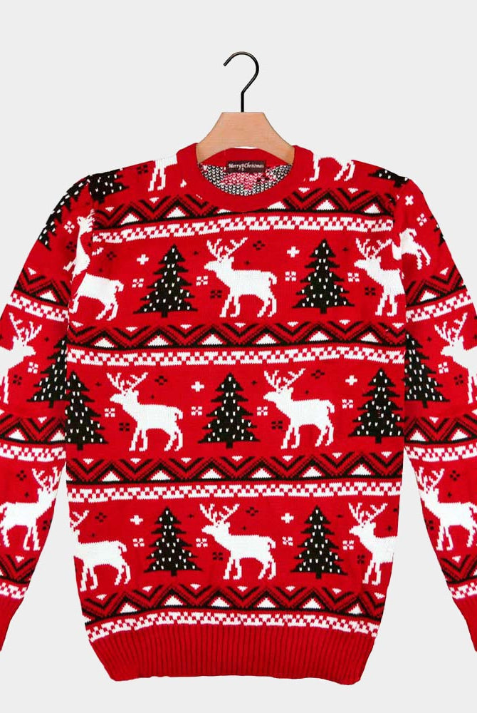 Red Christmas Jumper with Reindeers and Christmas Trees 2021