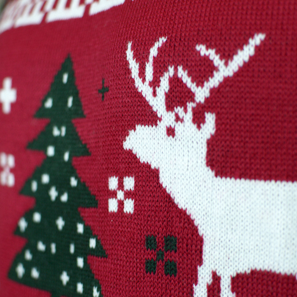 Red Christmas Jumper with Reindeers and Christmas Trees Detail