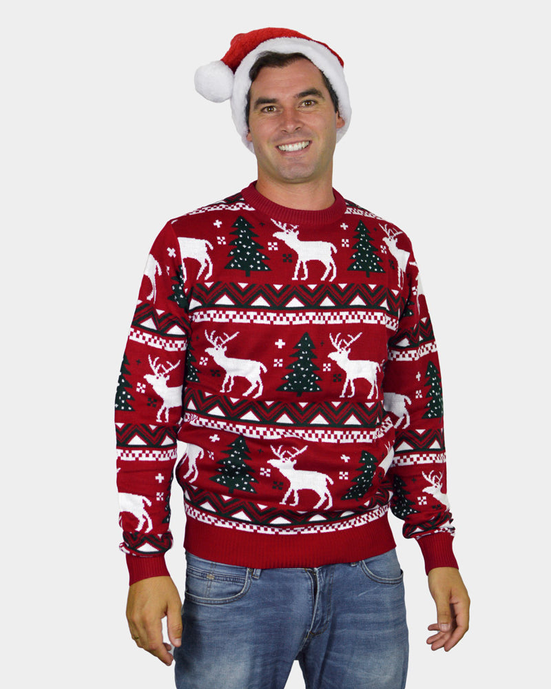 Red Christmas Jumper with Reindeers and Christmas Trees Mens