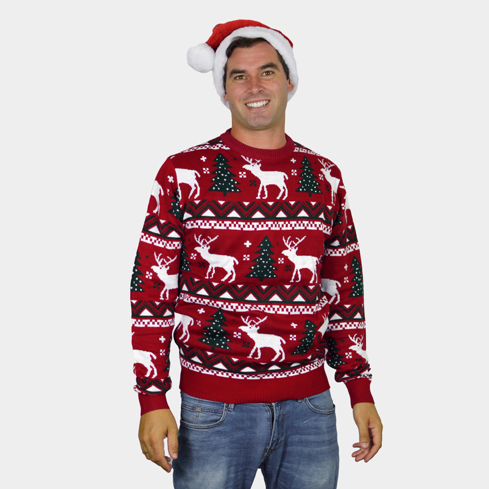 Red Christmas Jumper with Reindeers and Christmas Trees Mens